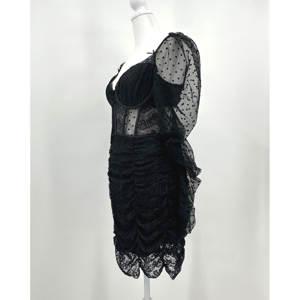 For Love & Lemons Black Lace Polka Dot Corset Sheer Ruched Mini Dress Womens L - Picture 4 of 11